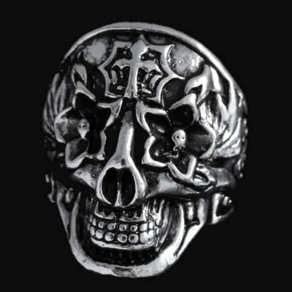 Flower Totem Skull Head Ring Day Of The Dead Punk - Picture 3 of 5